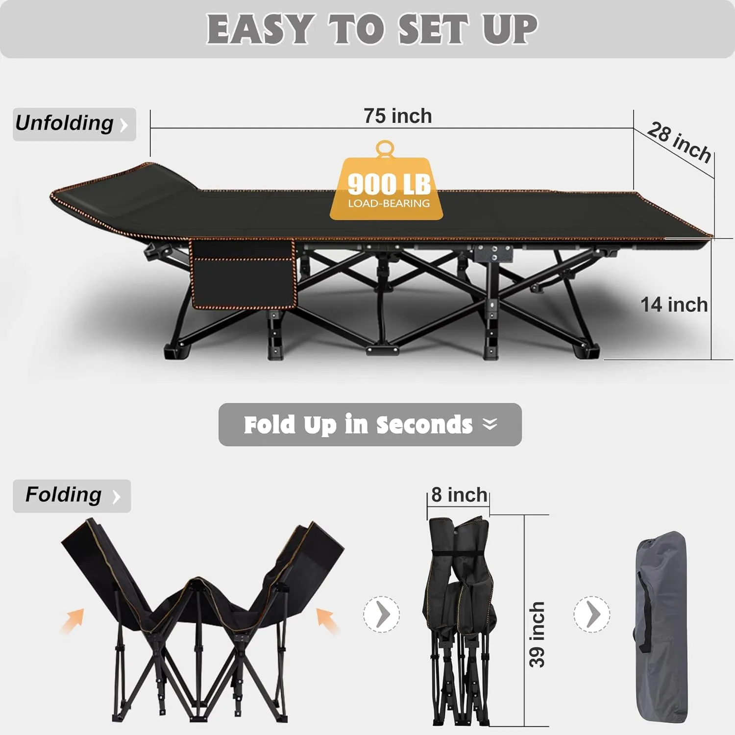 ABORON 2 Pack Folding Camping Cot W/Mat for Adults, Heavy Duty Outdoor Bed with Carry Bag,1200 D Layer Oxford Travel Camp Cots
