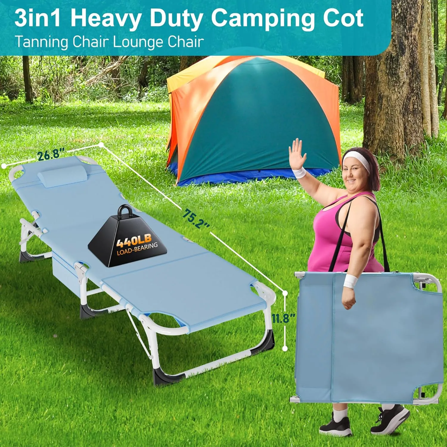 ABORON Folding Camping Cot W/Mat for Adults, Adjustable Heavy Duty Outdoor Bed,1200 D Layer Oxford Travel Camp Cots