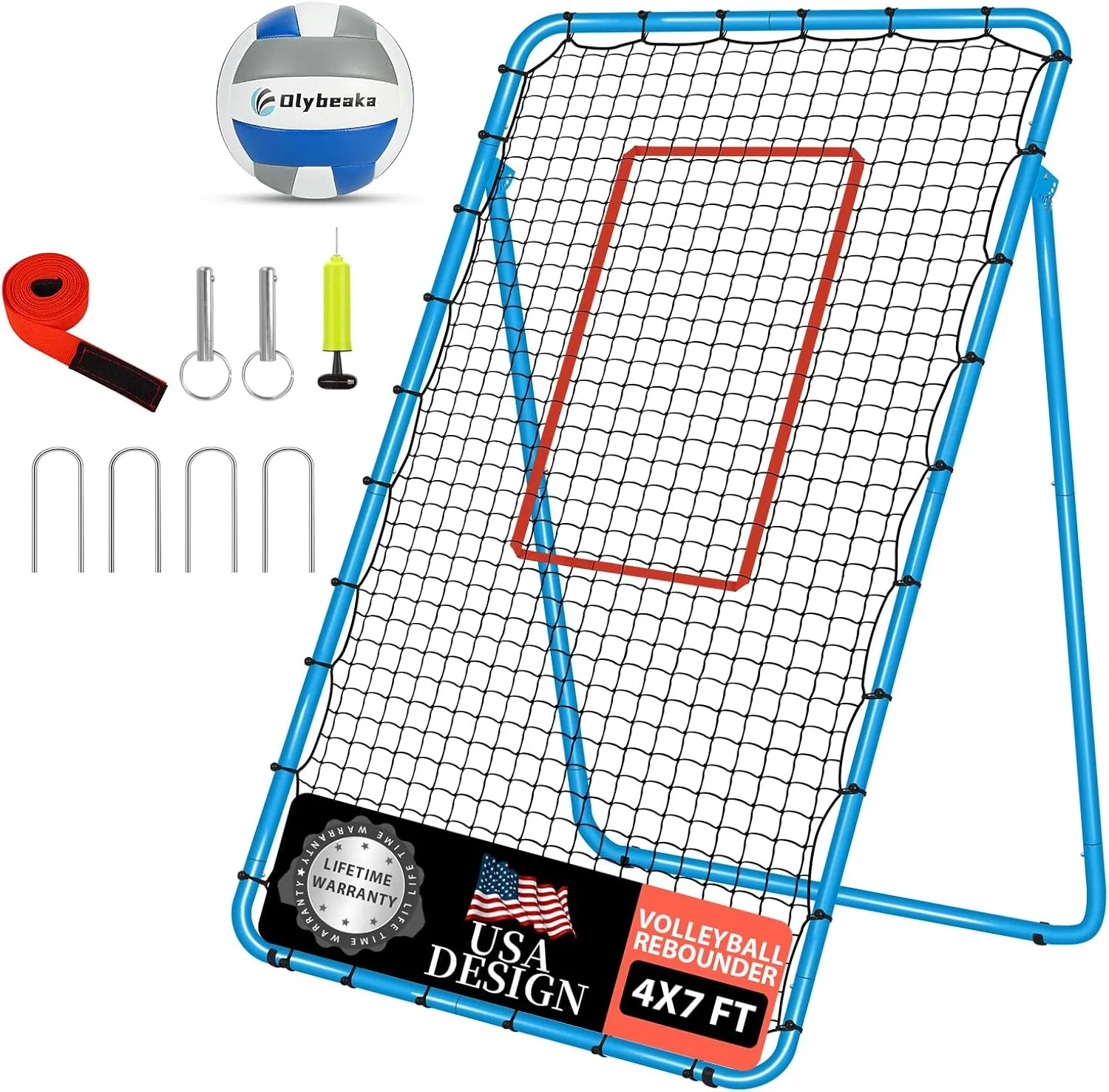 Adjustable Volleyball Rebounder Net 7x4 ft with PU Volleyball and Stakes - Bounce Back Training Equipment for Practicing Volleying, Bumping, Spiking, Easy Set Up & Steady for Multi Sports