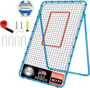 Adjustable Volleyball Rebounder Net 7x4 ft with PU Volleyball and Stakes - Bounce Back Training Equipment for Practicing Volleying, Bumping, Spiking, Easy Set Up & Steady for Multi Sports