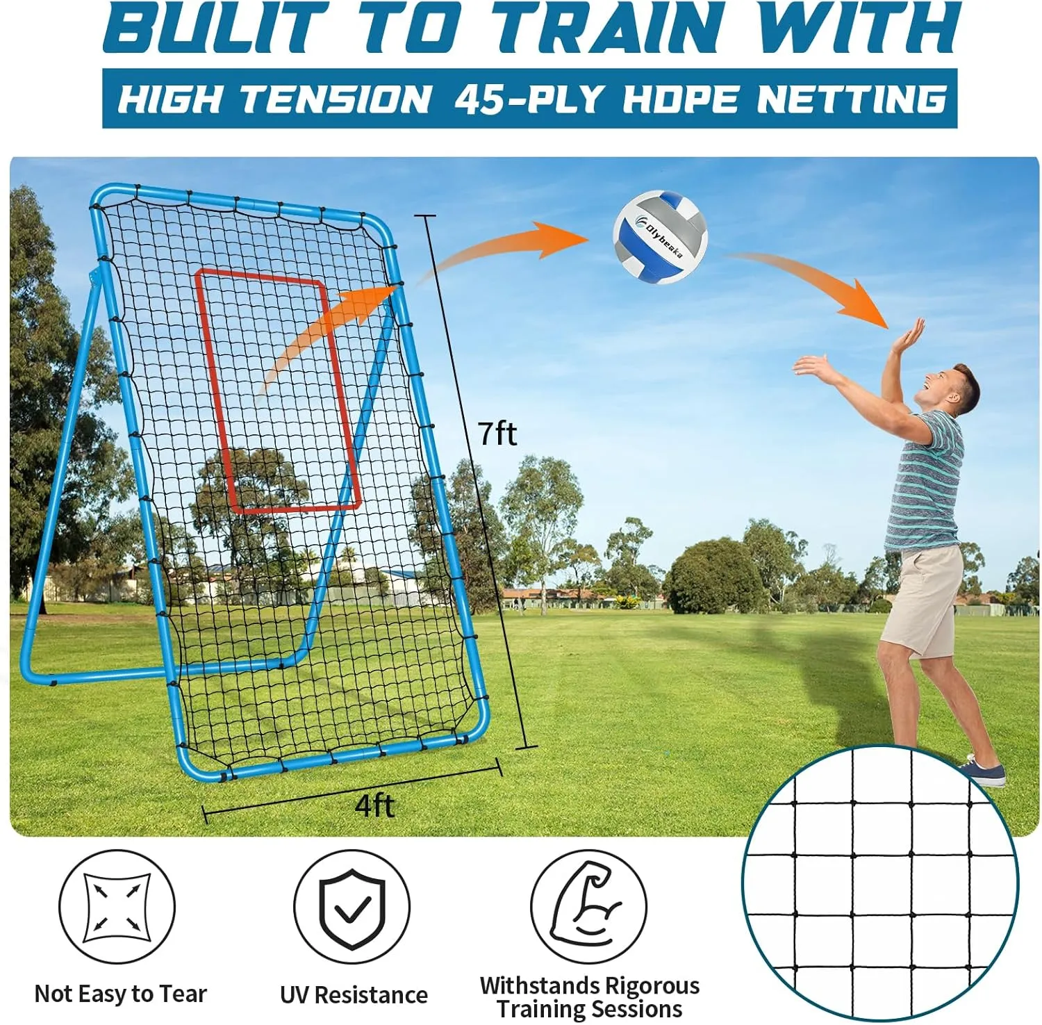 Adjustable Volleyball Rebounder Net 7x4 ft with PU Volleyball and Stakes - Bounce Back Training Equipment for Practicing Volleying, Bumping, Spiking, Easy Set Up & Steady for Multi Sports