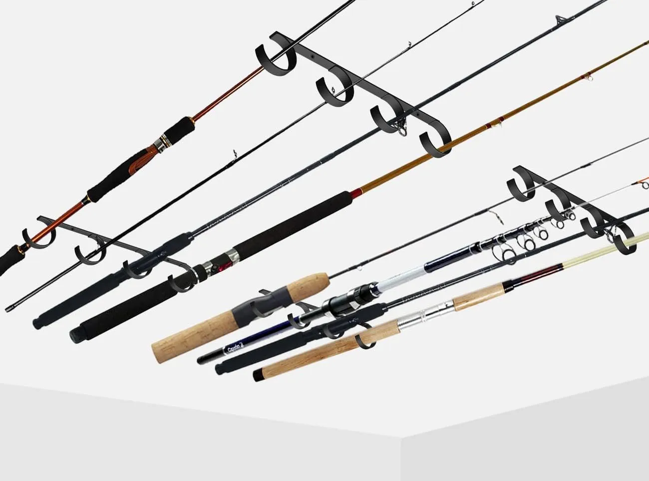 Ahomiwow Wall or Ceiling Fishing Rod/Pole Rack Holder Storage Hook Hanger Oranizer Display Metal Wall Mounted Holds up to 8 Fishing Rods for Garage Cabin and Basement