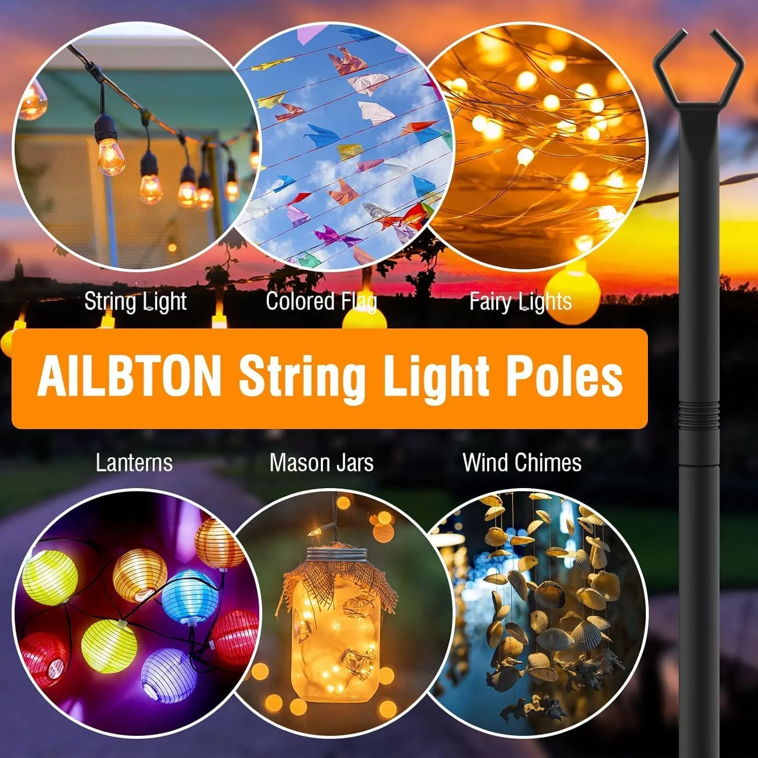 AILBTON 10 Pack 10Ft String Light Poles,Light Poles for Outside String Lights,Outdoor Light Poles with Fork,Metal Pole Stand for Patio,Backyard,Deck