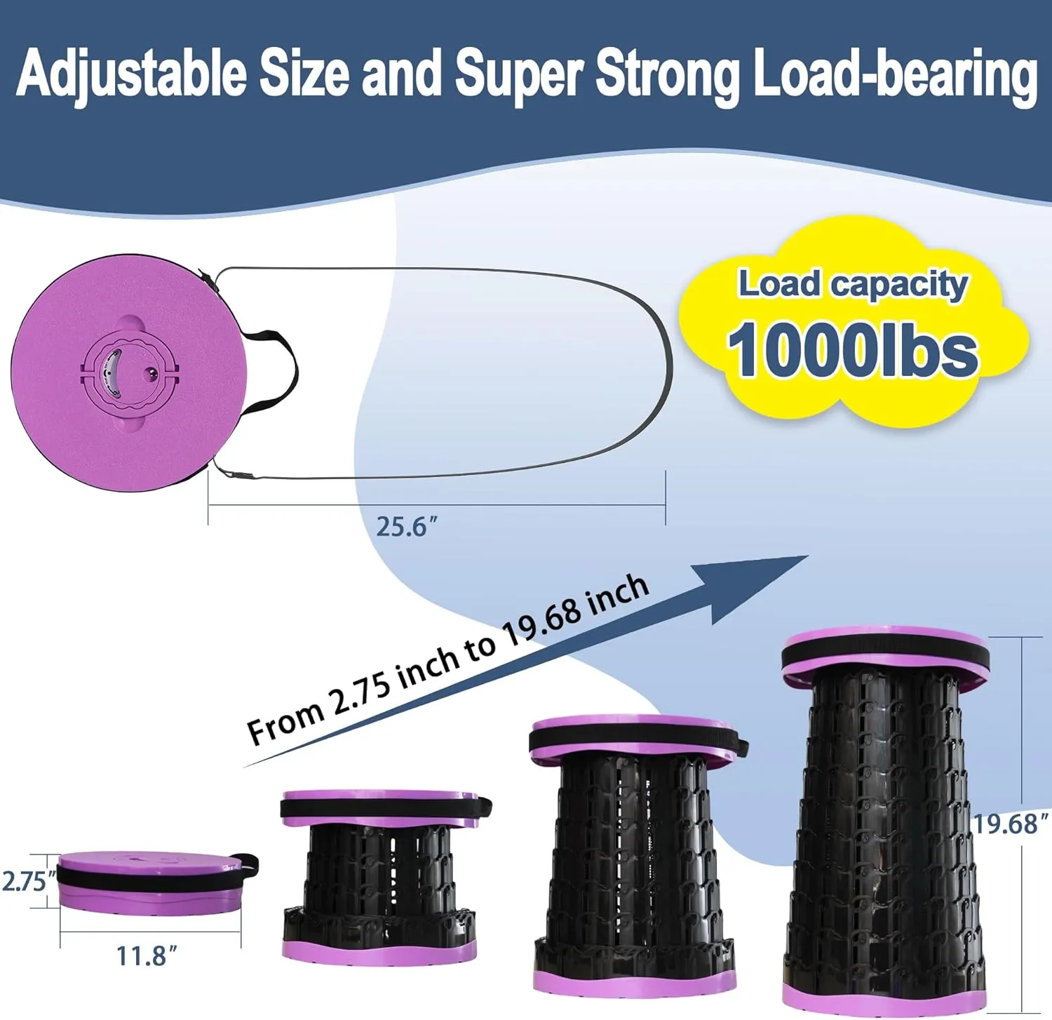 ALEVMOOM 2025 Upgraded XXL 19.7" Collapsible Stool with Seat Cushion, Retractable Folding Camping Stool for Adults Max Load 1000lbs, Heavy Duty for Fishing Hiking Gardening(Purple-XXL)