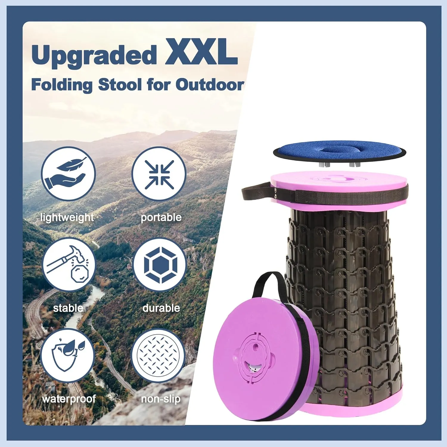 ALEVMOOM 2025 Upgraded XXL 19.7" Collapsible Stool with Seat Cushion, Retractable Folding Camping Stool for Adults Max Load 1000lbs, Heavy Duty for Fishing Hiking Gardening(Purple-XXL)