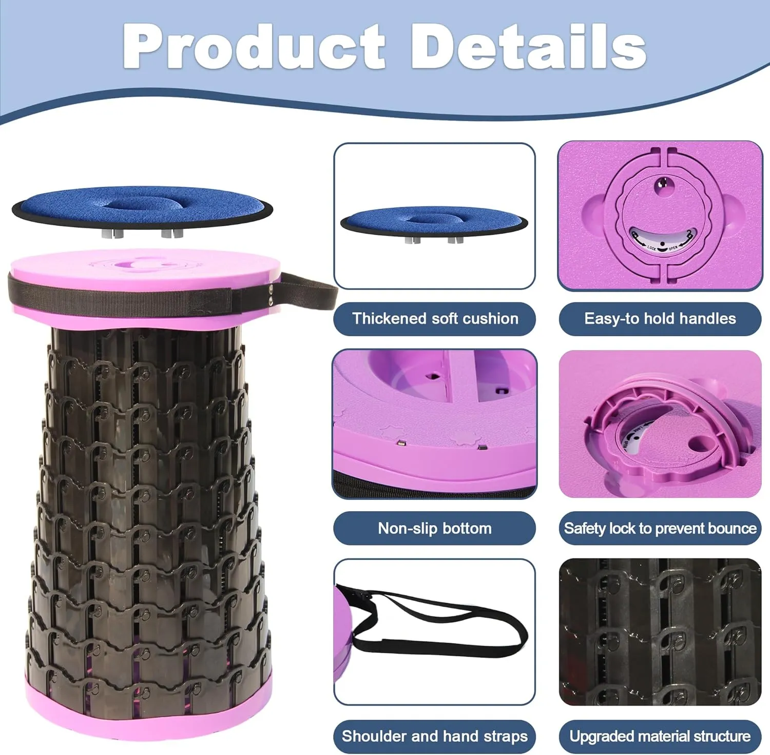 ALEVMOOM 2025 Upgraded XXL 19.7" Collapsible Stool with Seat Cushion, Retractable Folding Camping Stool for Adults Max Load 1000lbs, Heavy Duty for Fishing Hiking Gardening(Purple-XXL)