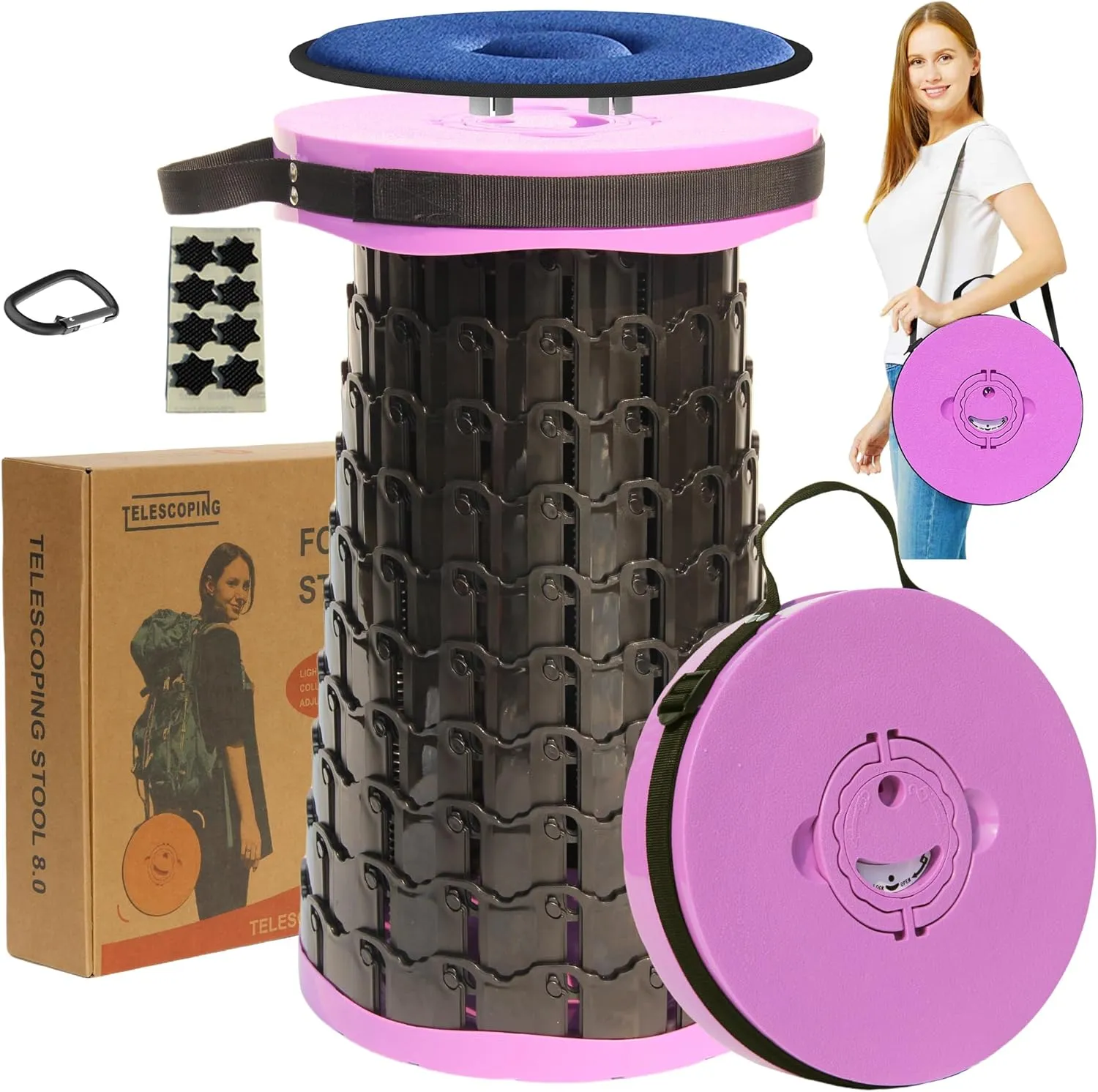 ALEVMOOM 2025 Upgraded XXL 19.7" Collapsible Stool with Seat Cushion, Retractable Folding Camping Stool for Adults Max Load 1000lbs, Heavy Duty for Fishing Hiking Gardening(Purple-XXL)
