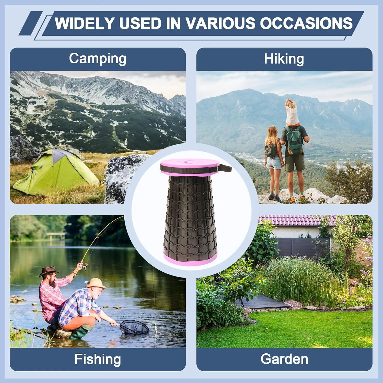 ALEVMOOM 2025 Upgraded XXL 19.7" Collapsible Stool with Seat Cushion, Retractable Folding Camping Stool for Adults Max Load 1000lbs, Heavy Duty for Fishing Hiking Gardening(Purple-XXL)