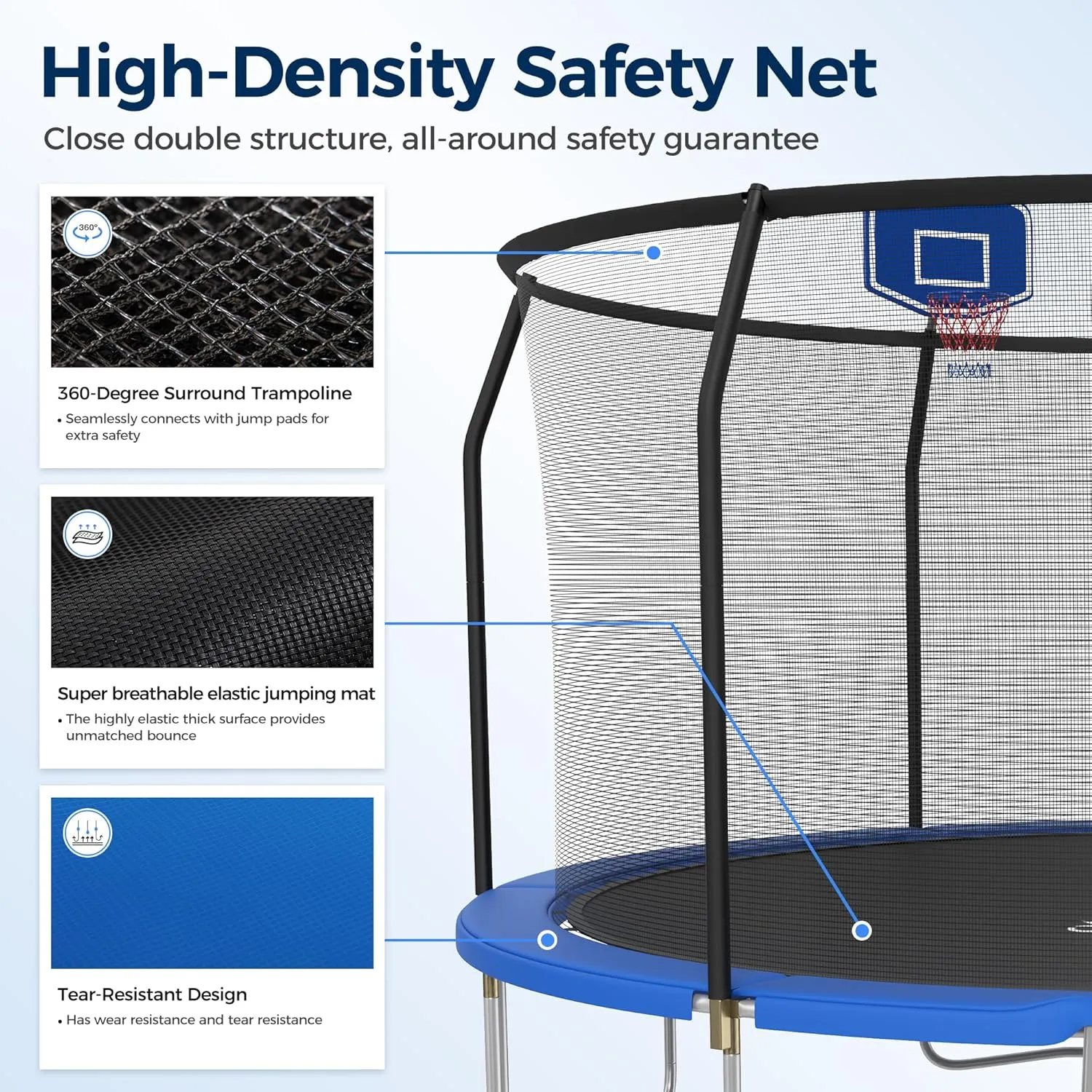 ALPHA CAMP Trampoline Trampoline with Basketball Hoop, Outdoor Trampoline with Enclosure Net for Kids Adults, ASTM Approved, Recreational Trampoline with Ladder and AntiRust Coating