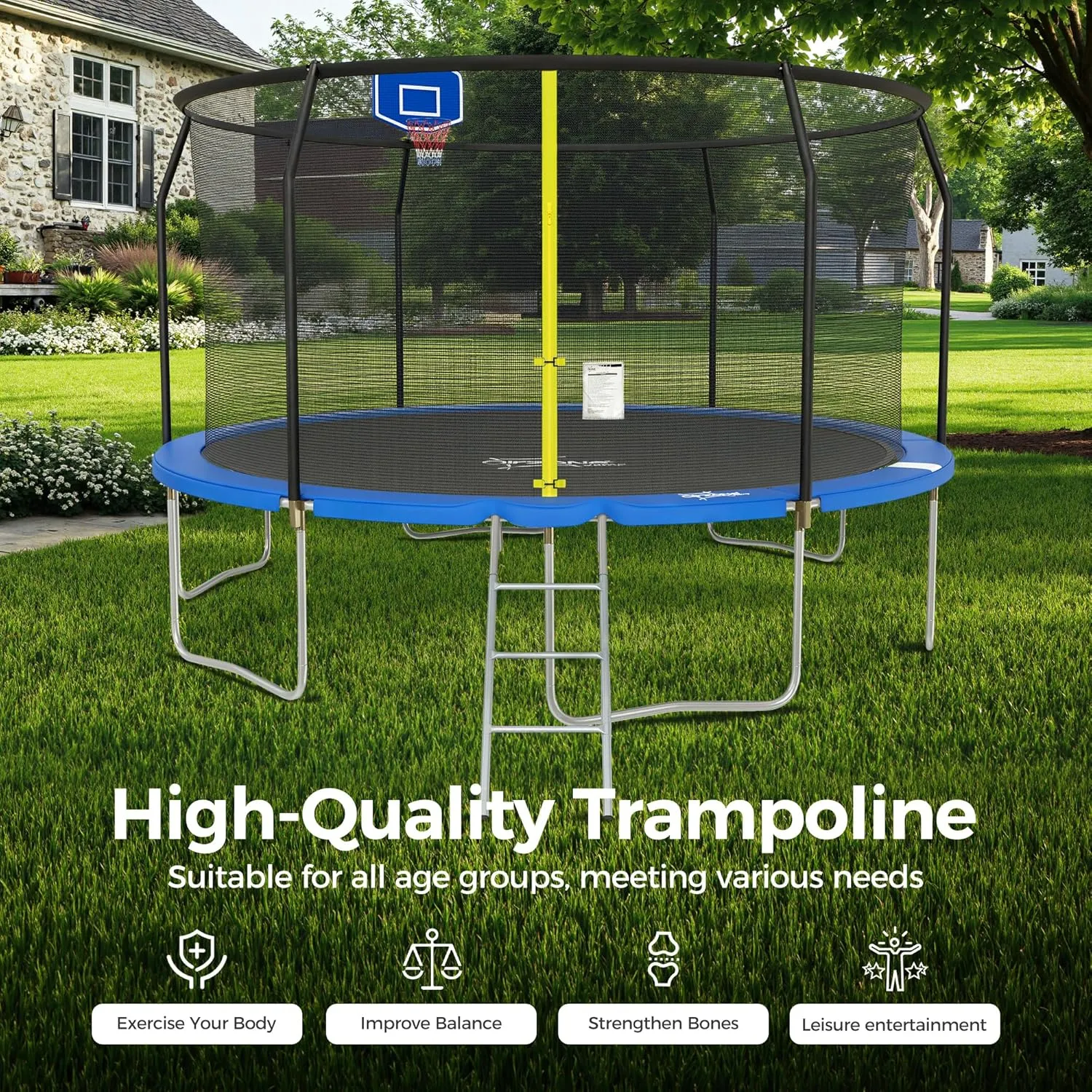 ALPHA CAMP Trampoline Trampoline with Basketball Hoop, Outdoor Trampoline with Enclosure Net for Kids Adults, ASTM Approved, Recreational Trampoline with Ladder and AntiRust Coating