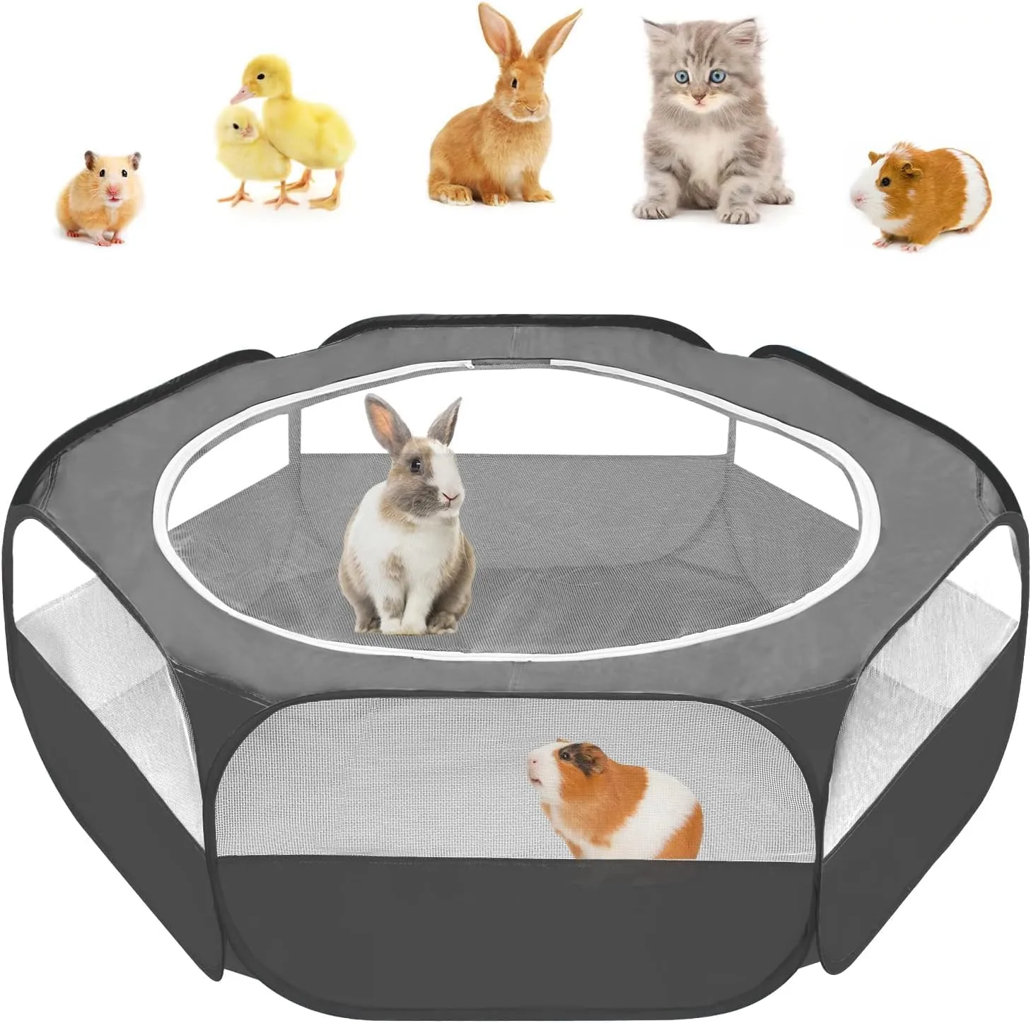 Amakunft Guinea Pig Playpen with Cover, Bunny Playpen with Top, Rabbit Pop Up Playpen with Roof, Small Animal Play Pen Indoor, for Ferret/Chinchilla/Bearded Dragon/Kitten (Black)