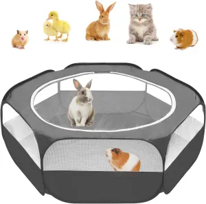 Amakunft Guinea Pig Playpen with Cover, Bunny Playpen with Top, Rabbit Pop Up Playpen with Roof, Small Animal Play Pen Indoor, for Ferret/Chinchilla/Bearded Dragon/Kitten (Black)