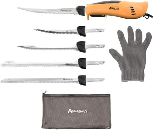 American Angler PRO Electric Fillet Knife Professional Grade Fisherman's Kit – Includes 5 Types of Stainless Steel Blades, Storage Pouch, and Protective Glove 32352DS
