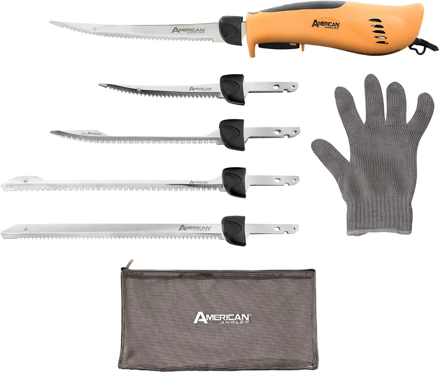 American Angler PRO Electric Fillet Knife Professional Grade Fisherman's Kit – Includes 5 Types of Stainless Steel Blades, Storage Pouch, and Protective Glove 32352DS