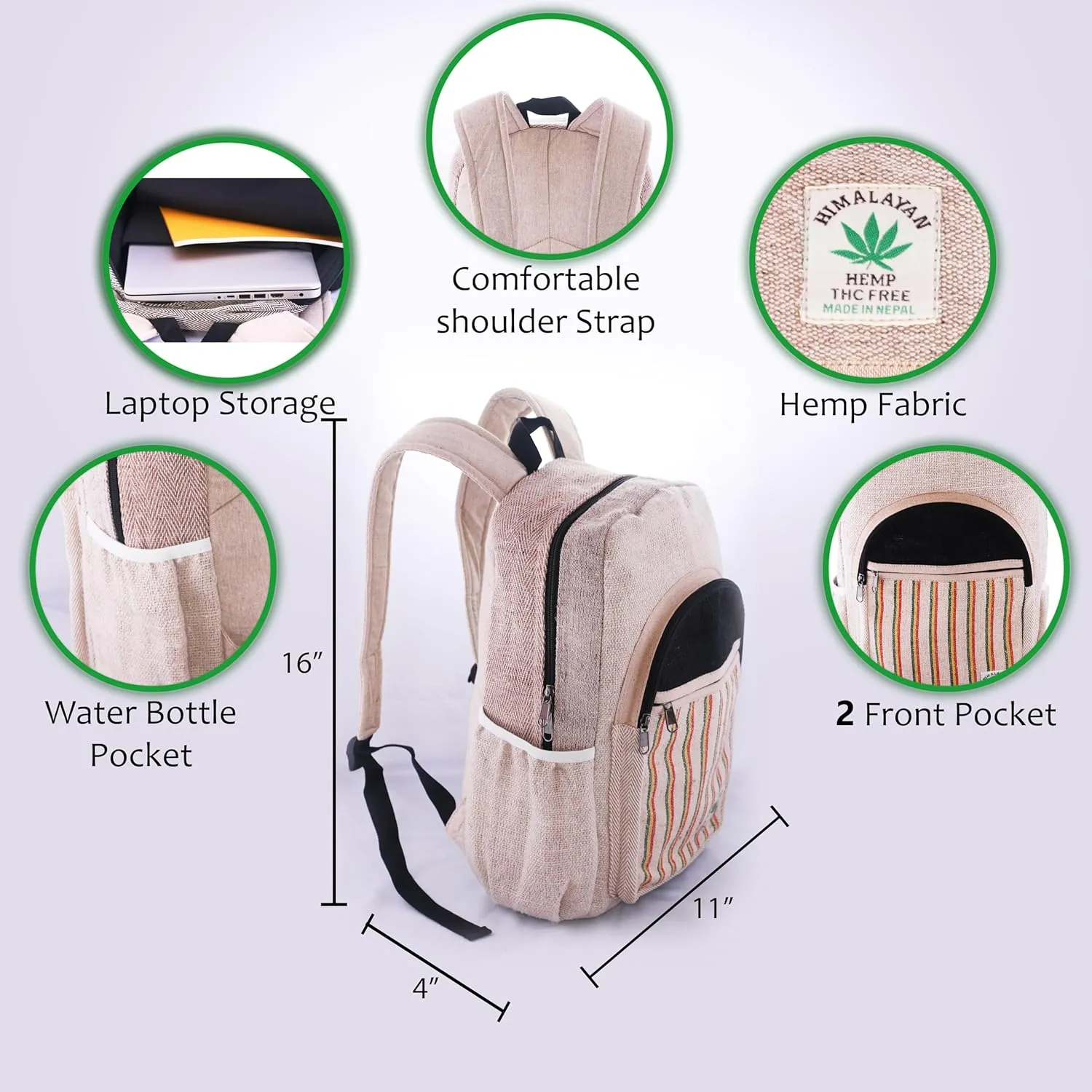Anitya Hemp Backpack, Multi-Functional Pockets, Eco-Friendly, Unisex, Hiking Daypack, Durable Rucksack (AHLB06)