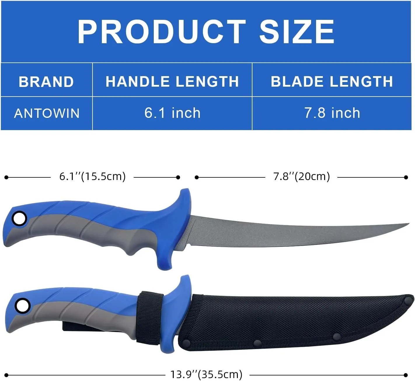 ANTOWIN Heavy Duty Fish Fillet Knife - 7" Sharp Blade Boning Knife, Flexible Fillet Knives for Meat Fish Poultry Chicken,Fishing Gear Tool for Hunting Camping Outdoor Fishing Hiking Women Men