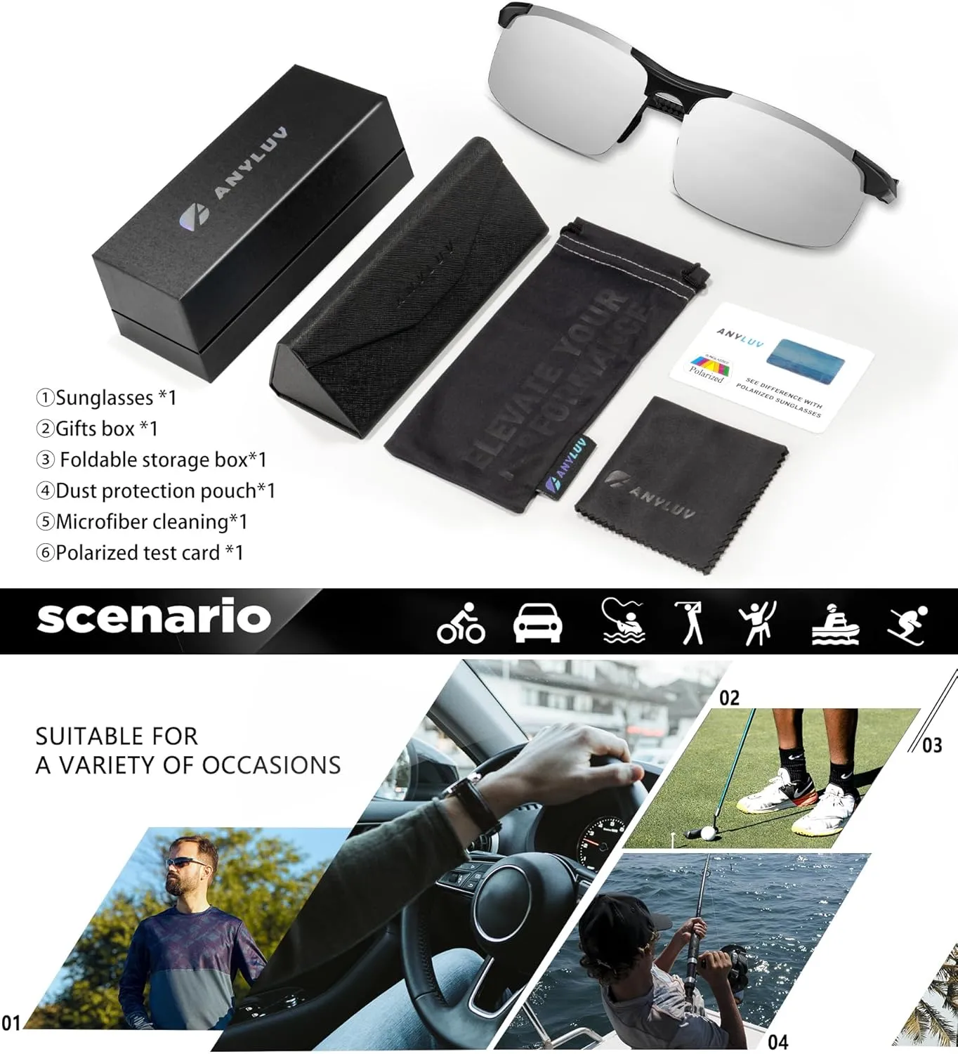 ANYLUV Polarized Sunglasses-Men Mens-Sunglasses Sport: Carbon Fiber Lightweight Sun Glasses Al-Mg UV400 Fishing Driving Golf