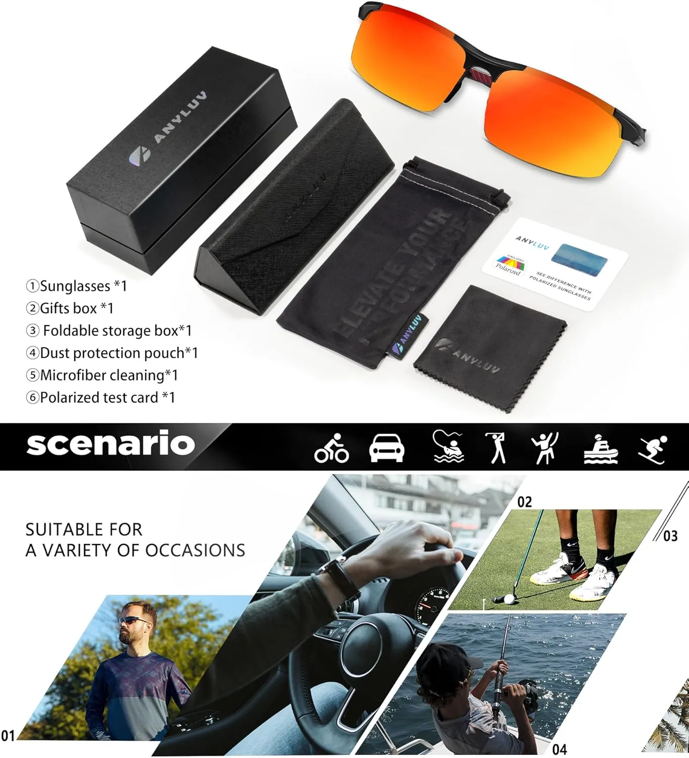 ANYLUV Polarized Sunglasses-Men Mens-Sunglasses Sport: Carbon Fiber Lightweight Sun Glasses Al-Mg UV400 Fishing Driving Golf