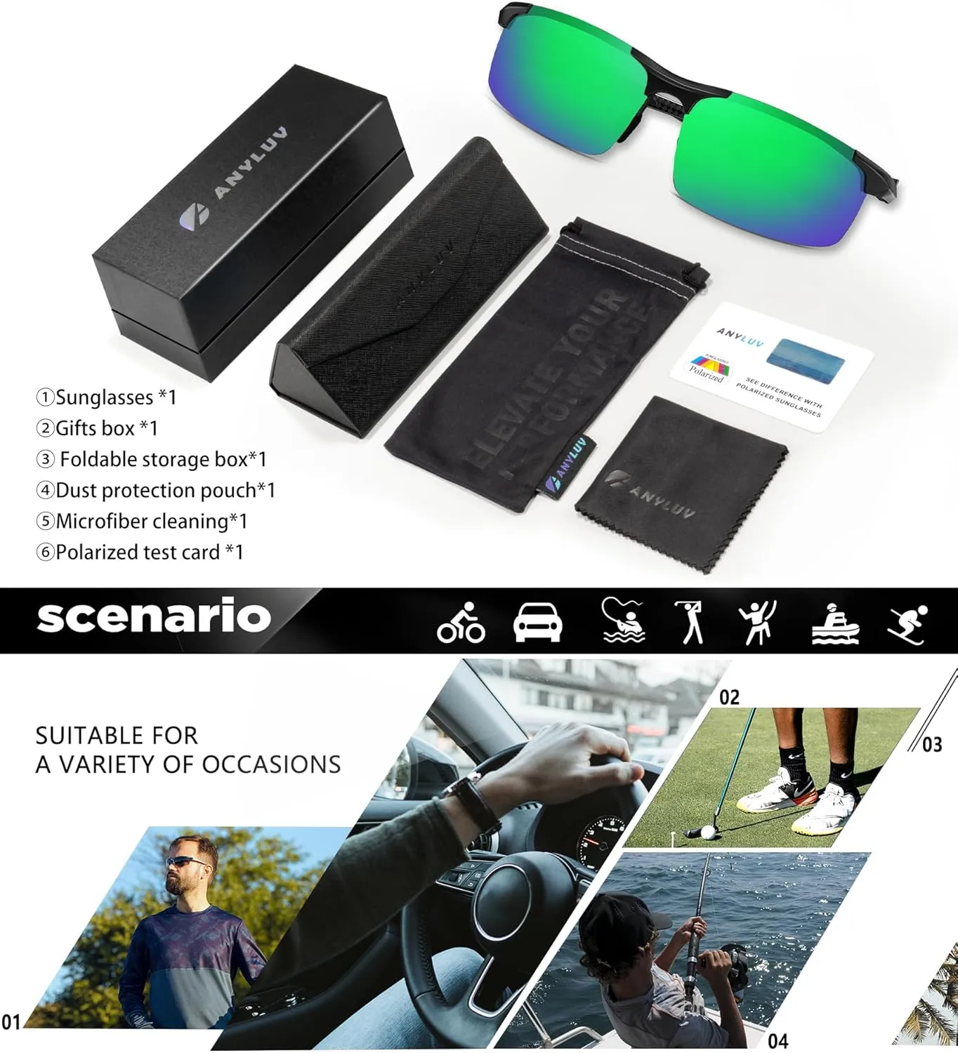 ANYLUV Polarized Sunglasses-Men Mens-Sunglasses Sport: Carbon Fiber Lightweight Sun Glasses Al-Mg UV400 Fishing Driving Golf