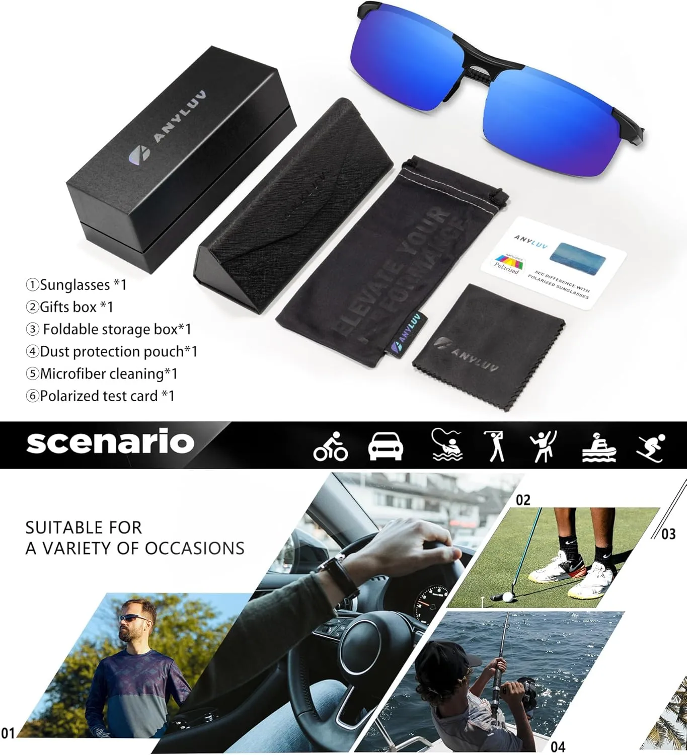ANYLUV Polarized Sunglasses-Men Mens-Sunglasses Sport: Carbon Fiber Lightweight Sun Glasses Al-Mg UV400 Fishing Driving Golf