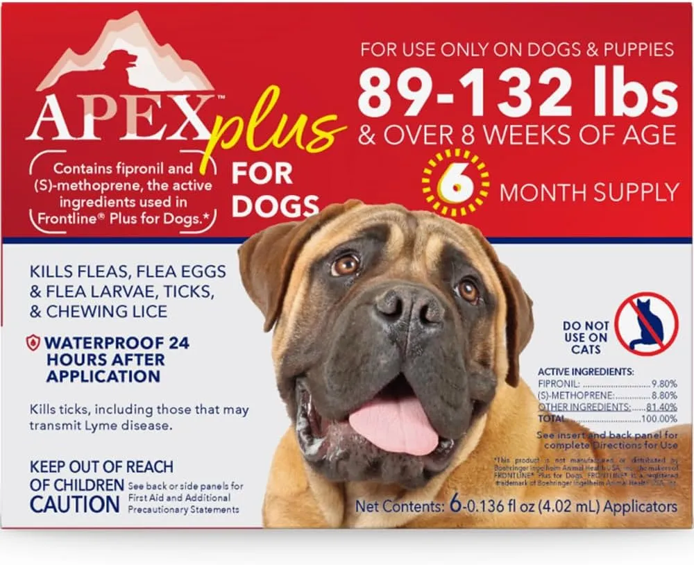 Apex Plus Flea and Tick Prevention for Dogs | X-Large (89-132 lbs) | 6-Month Supply | Dog Flea and Tick Treatment | 24-Hour Activation, Waterproof, 30-Day Protection
