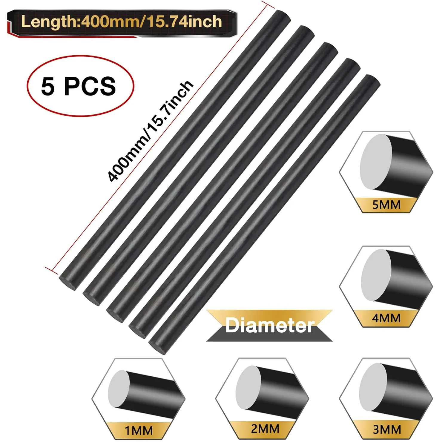 ARRIS 5mm Carbon Fiber Rod, 1.0mm 1.5mm 2.0mm 2.5mm 4mm 6mm 7mm 8mm 9mm 10mm Available, Solid 3K Carbon Rod Bar 400mm Length for RC Plane Kite DIY Craft, 5PCS