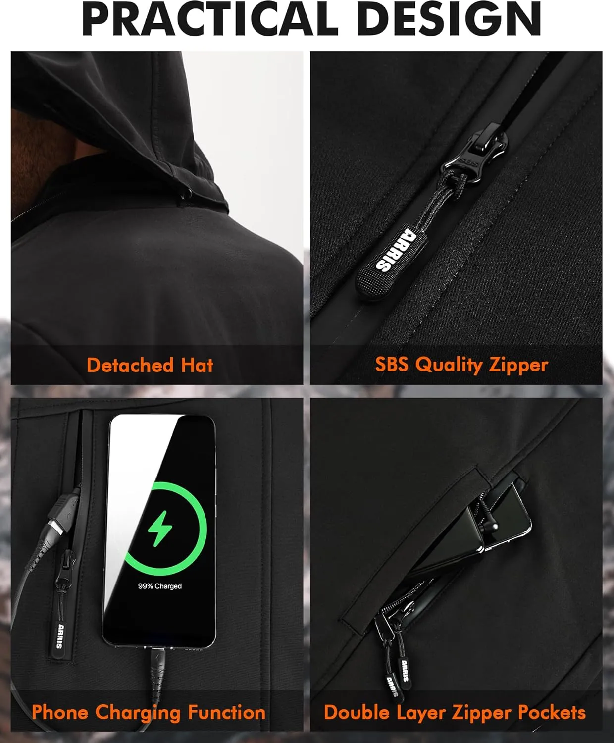 ARRIS Women`s Heated Jacket Waterproof, Electric Heating Coat with 7.4V Battery and Detachable Hood - 8 Heating Areas