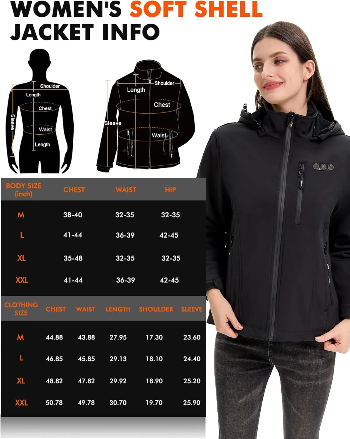 ARRIS Women`s Heated Jacket Waterproof, Electric Heating Coat with 7.4V Battery and Detachable Hood - 8 Heating Areas
