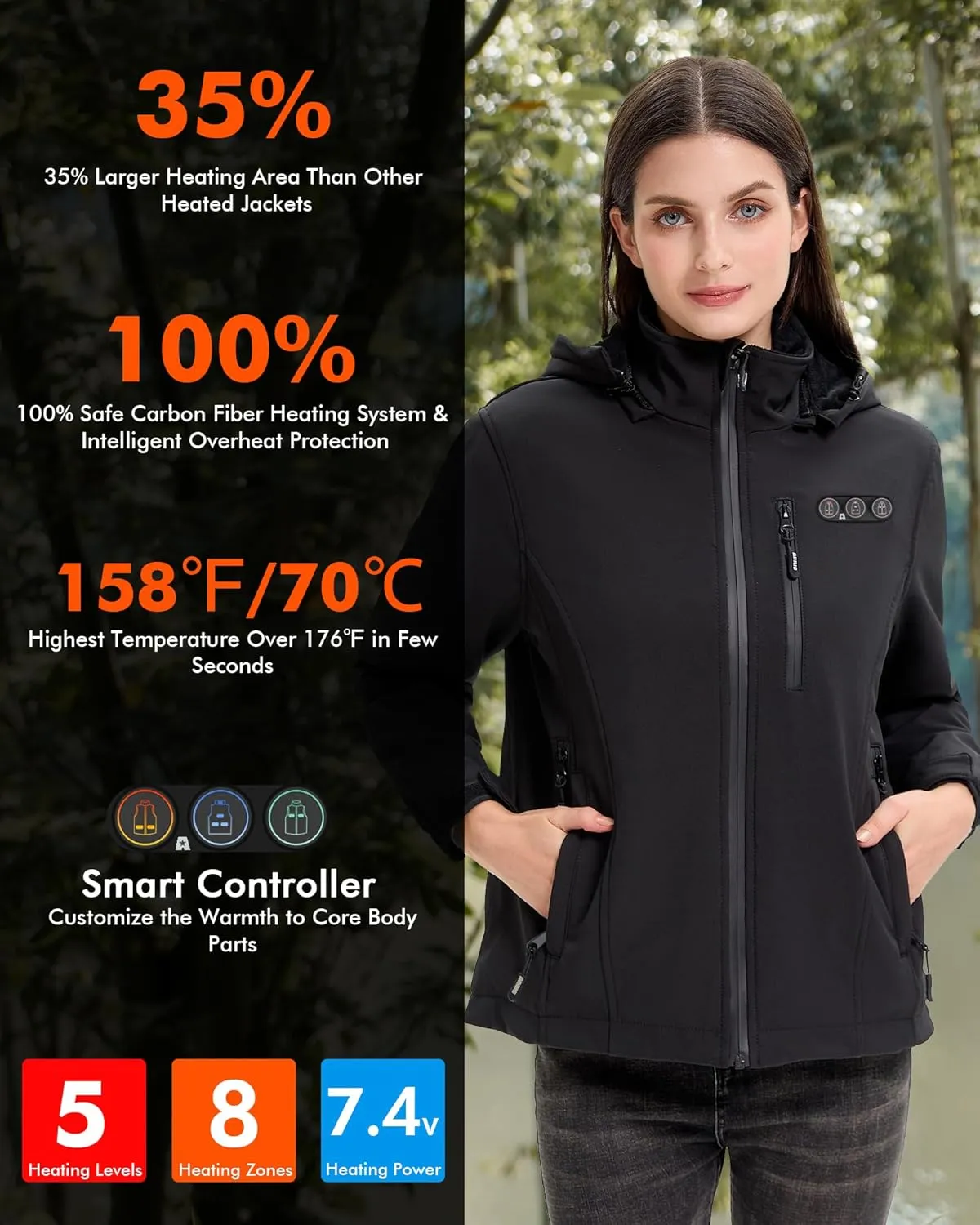 ARRIS Women`s Heated Jacket Waterproof, Electric Heating Coat with 7.4V Battery and Detachable Hood - 8 Heating Areas