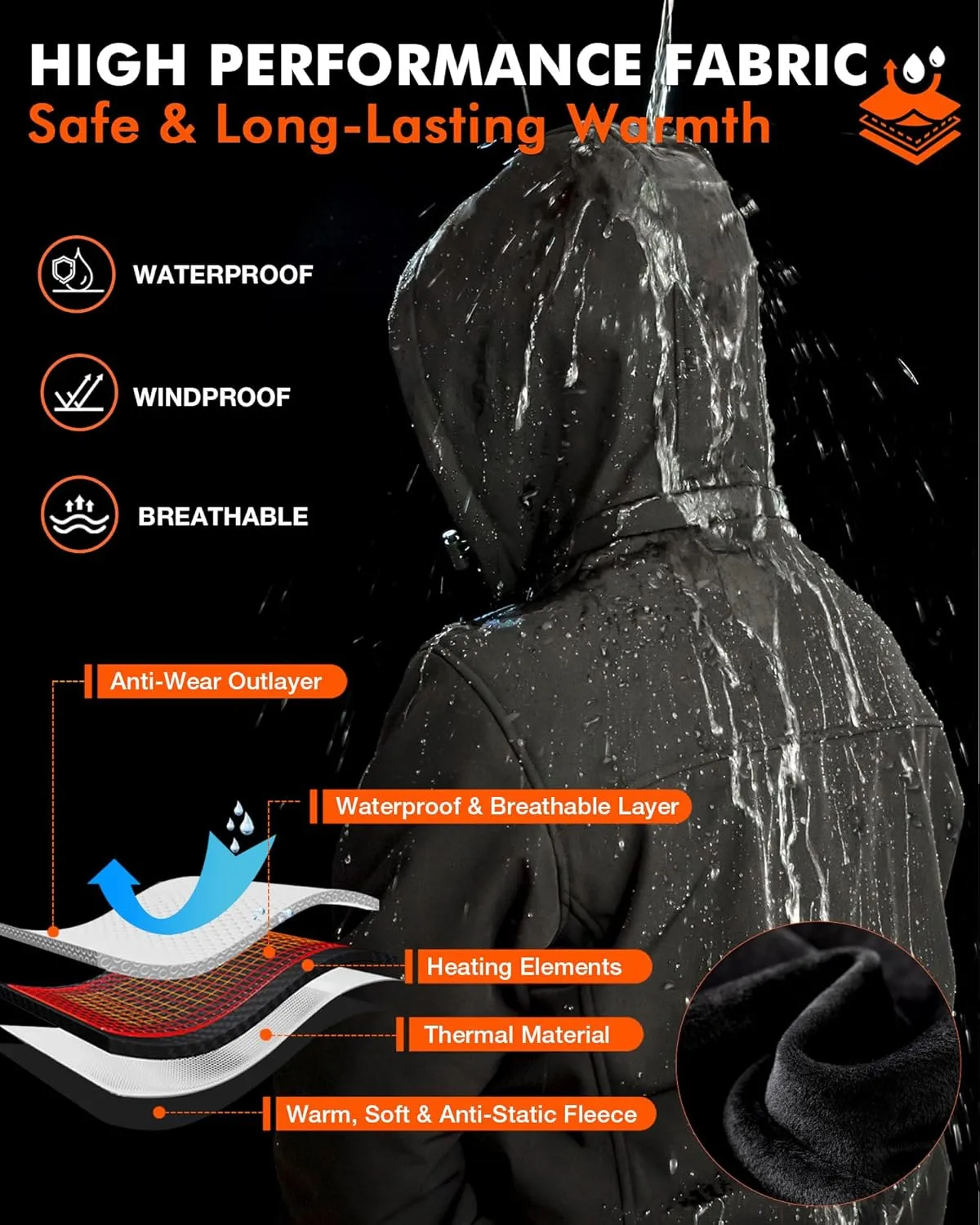ARRIS Women`s Heated Jacket Waterproof, Electric Heating Coat with 7.4V Battery and Detachable Hood - 8 Heating Areas