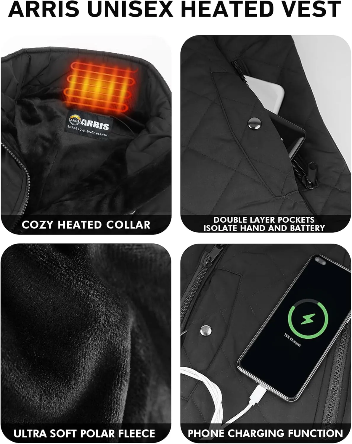 ARRIS Women`s Heated Vest, Size Adjustable 7.4V Electric Warm Vest with Battery Pack…