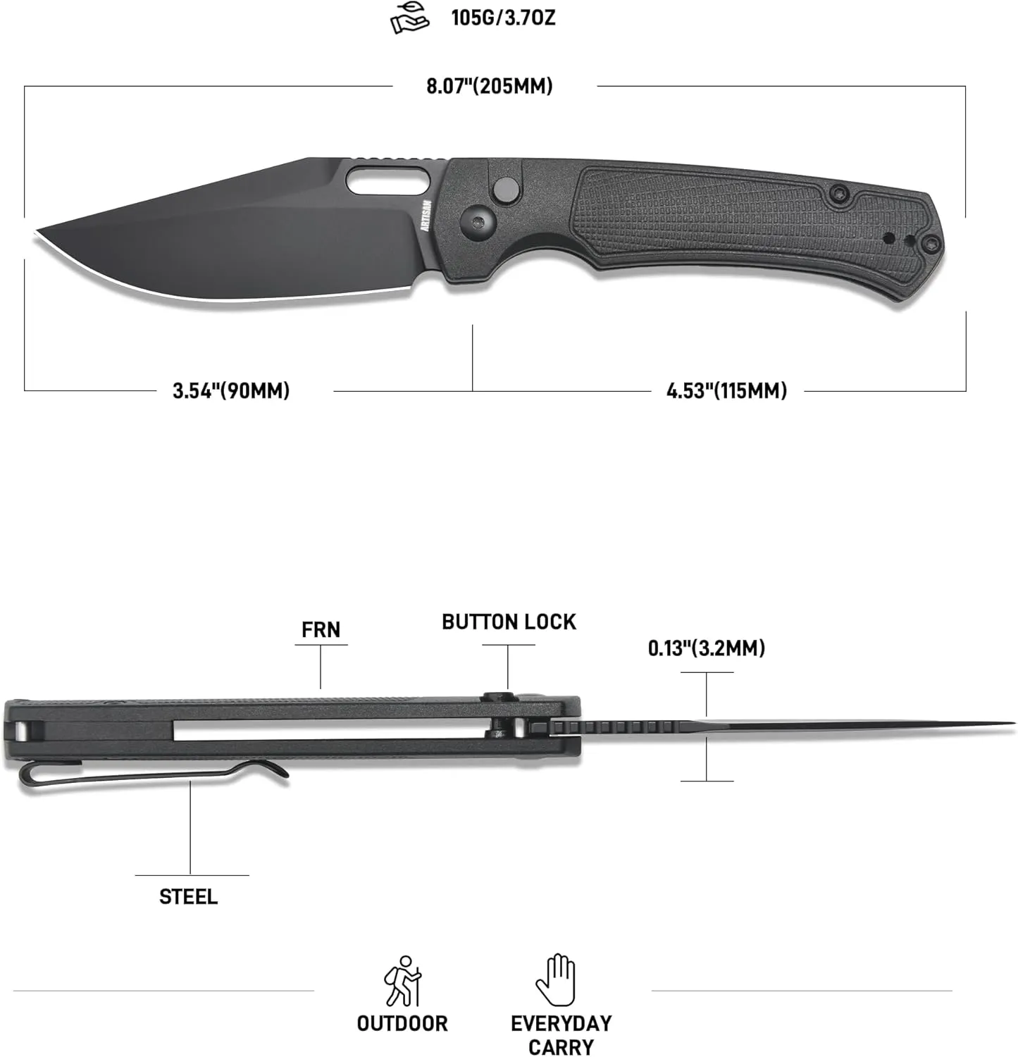 ARTISANCUTLERY REVEL Pocket Knife with 3.54'' AR-RPM9 Steel Blade, Folding Knife with FRN Handle for Men Women Camping Hiking(1867P Black)