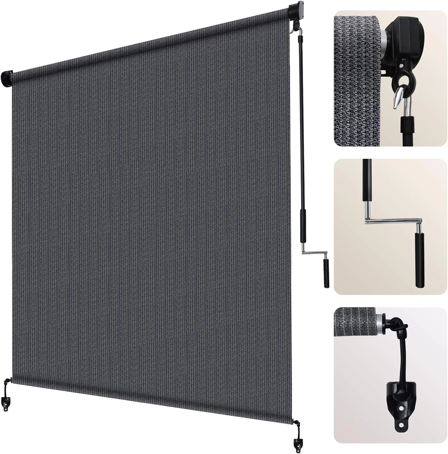 Artpuch Outdoor Roller Shade 7' W x 8' H, Blue Gray Exterior Cordless Patio Shades Roll Up Blinds with Splicing Design, 2 Poles and 1 Piece Fabric