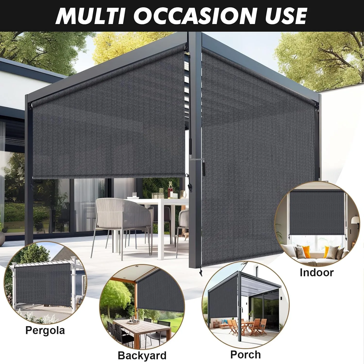 Artpuch Outdoor Roller Shade 7' W x 8' H, Blue Gray Exterior Cordless Patio Shades Roll Up Blinds with Splicing Design, 2 Poles and 1 Piece Fabric
