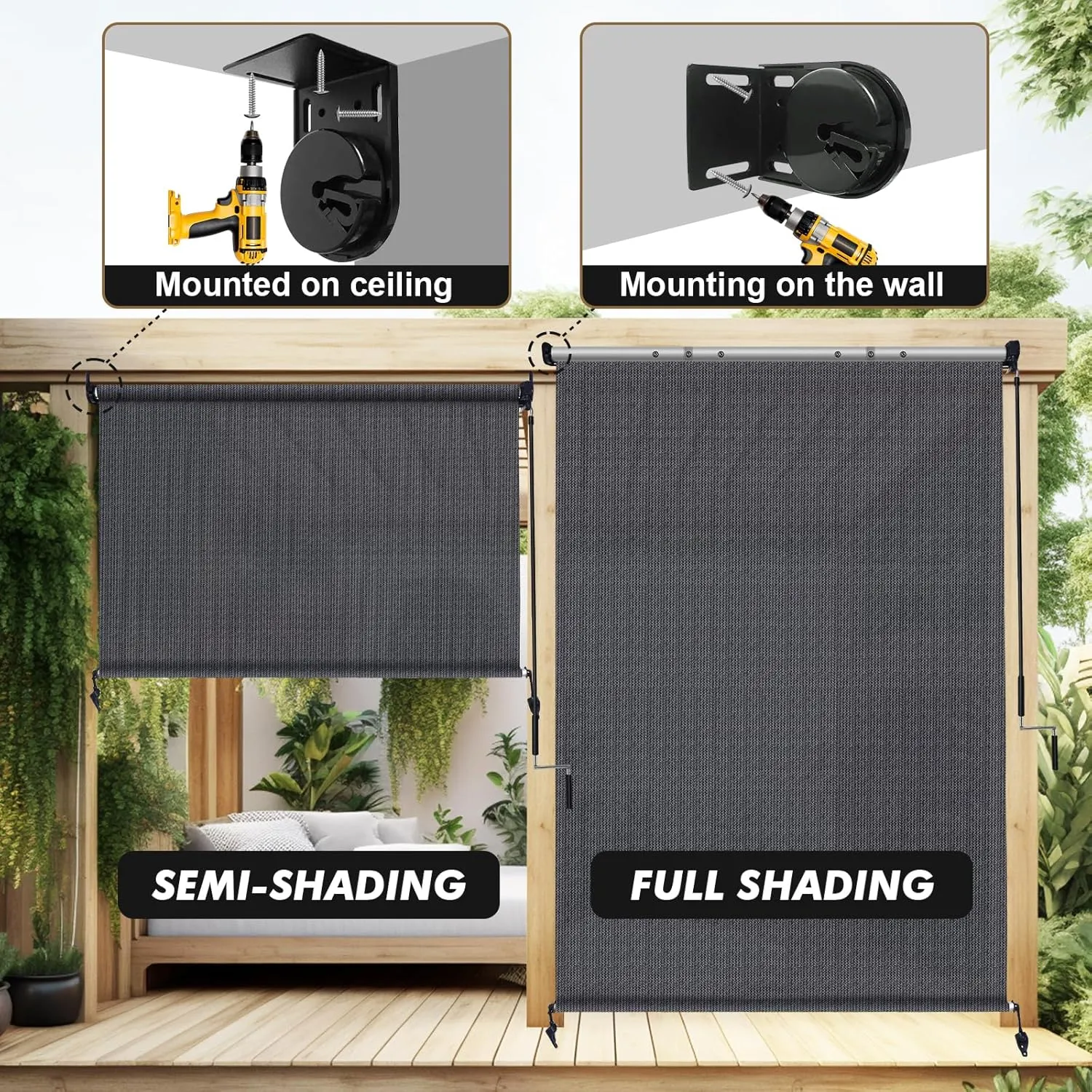 Artpuch Outdoor Roller Shade 7' W x 8' H, Blue Gray Exterior Cordless Patio Shades Roll Up Blinds with Splicing Design, 2 Poles and 1 Piece Fabric