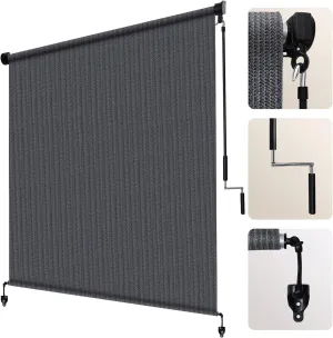 Artpuch Outdoor Roller Shade 7' W x 8' H, Blue Gray Exterior Cordless Patio Shades Roll Up Blinds with Splicing Design, 2 Poles and 1 Piece Fabric