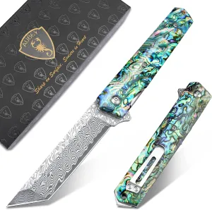AUBEY Damascus Pocket Knife with Clip, Sharp Tanto Blade with VG10 Core Folding Knife with Abalone Shell Handle and Glass Breaker, EDC Camping Knife for Gift Survival Collection