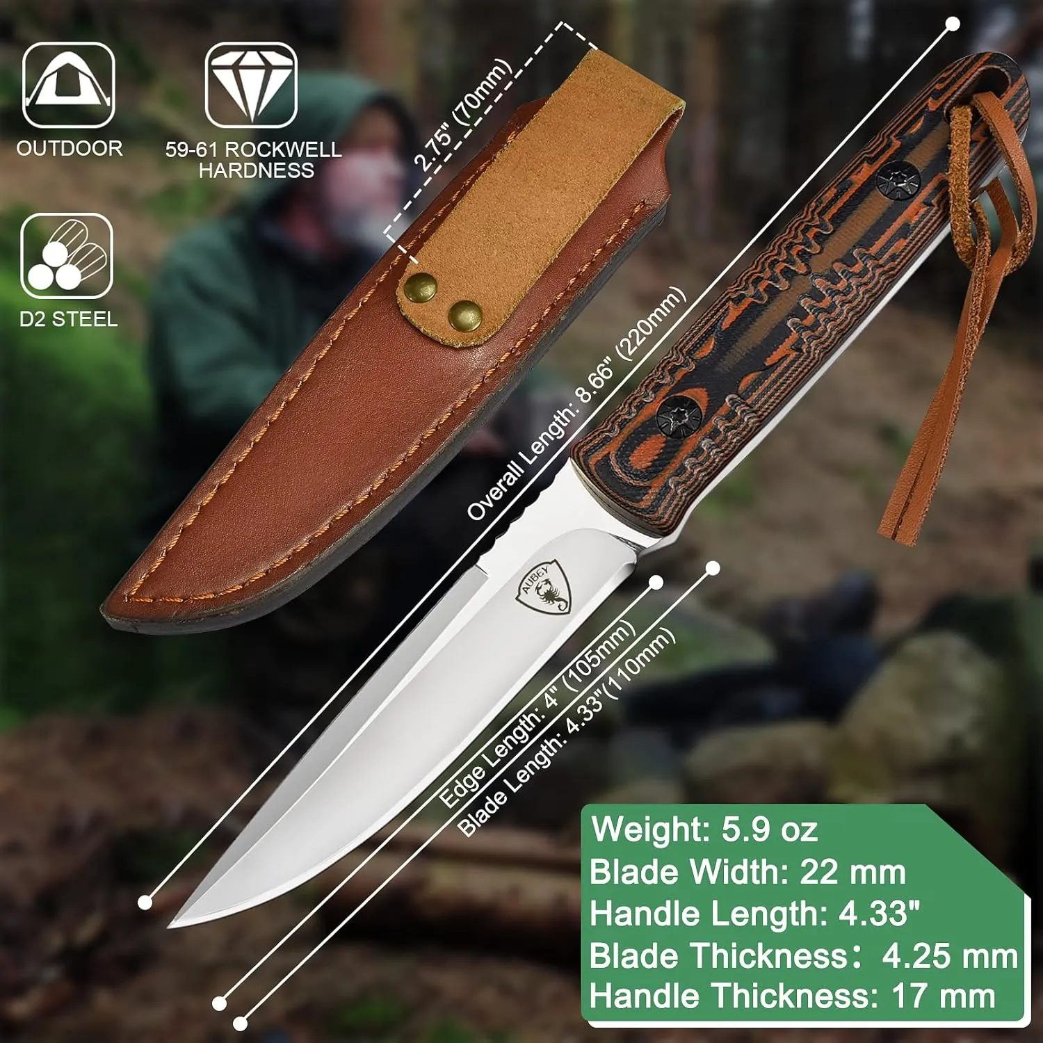 AUBEY Fixed Blade Hunting Knife Full Tang with Leather Sheath for Men, D2 Blade Outdoor Survival Camping Knife, G10 Handle
