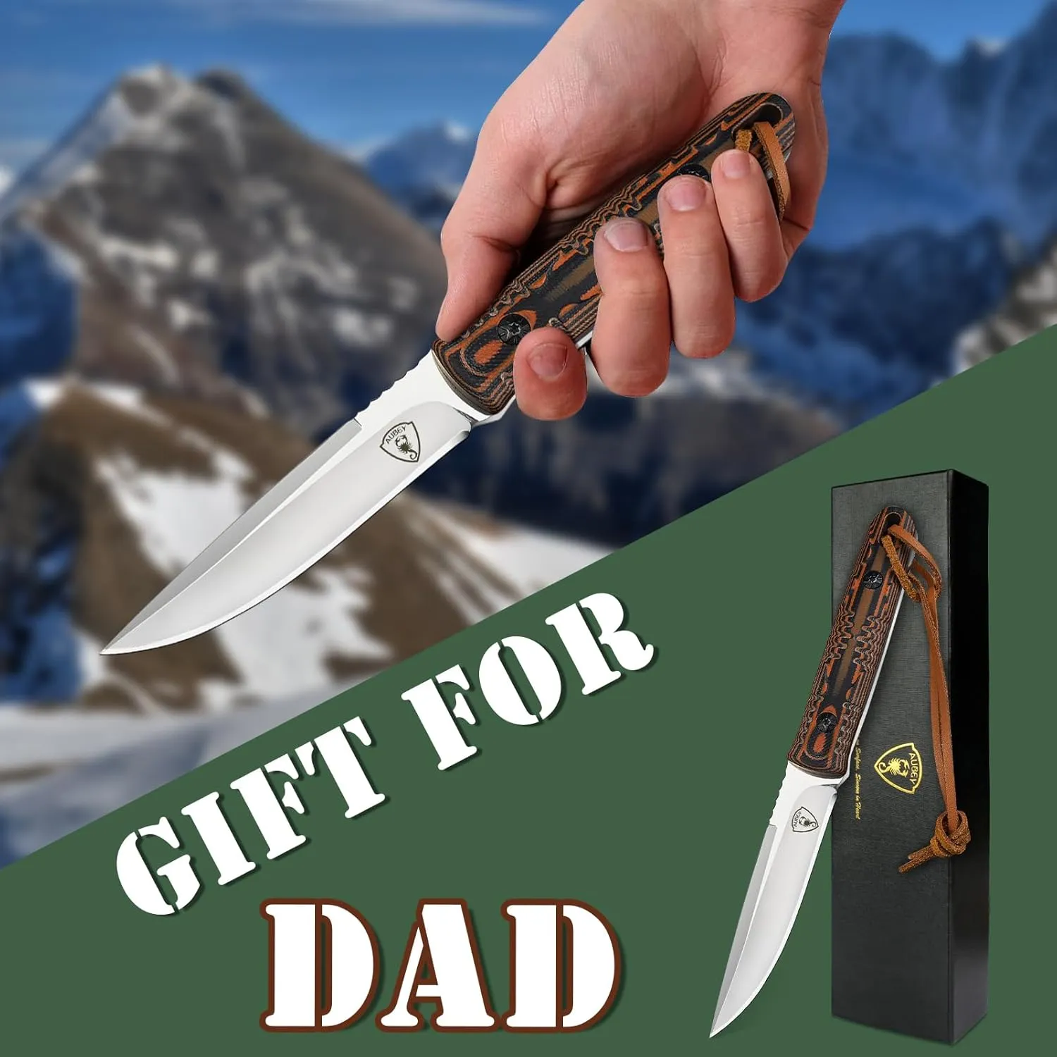 AUBEY Fixed Blade Hunting Knife Full Tang with Leather Sheath for Men, D2 Blade Outdoor Survival Camping Knife, G10 Handle