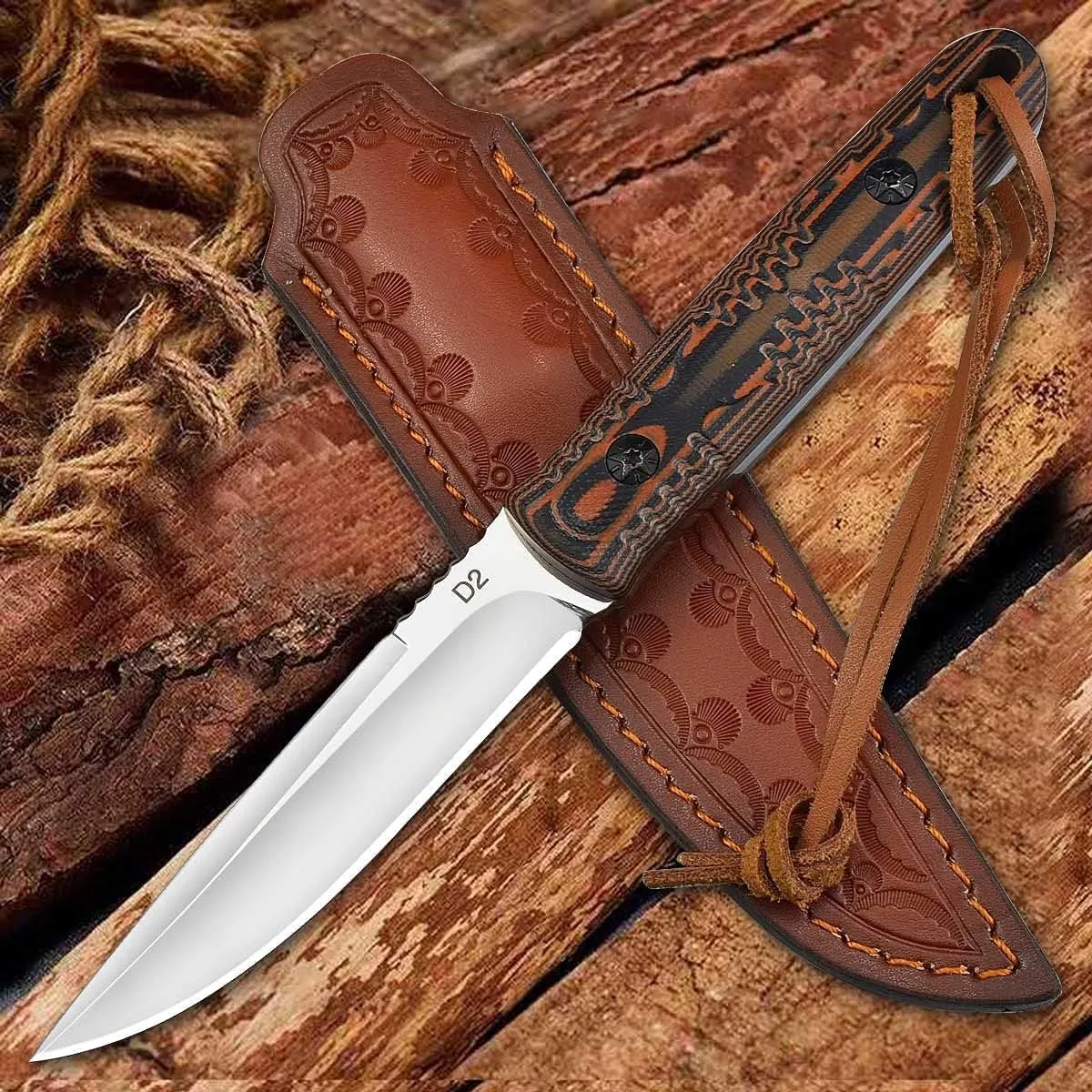AUBEY Fixed Blade Hunting Knife Full Tang with Leather Sheath for Men, D2 Blade Outdoor Survival Camping Knife, G10 Handle