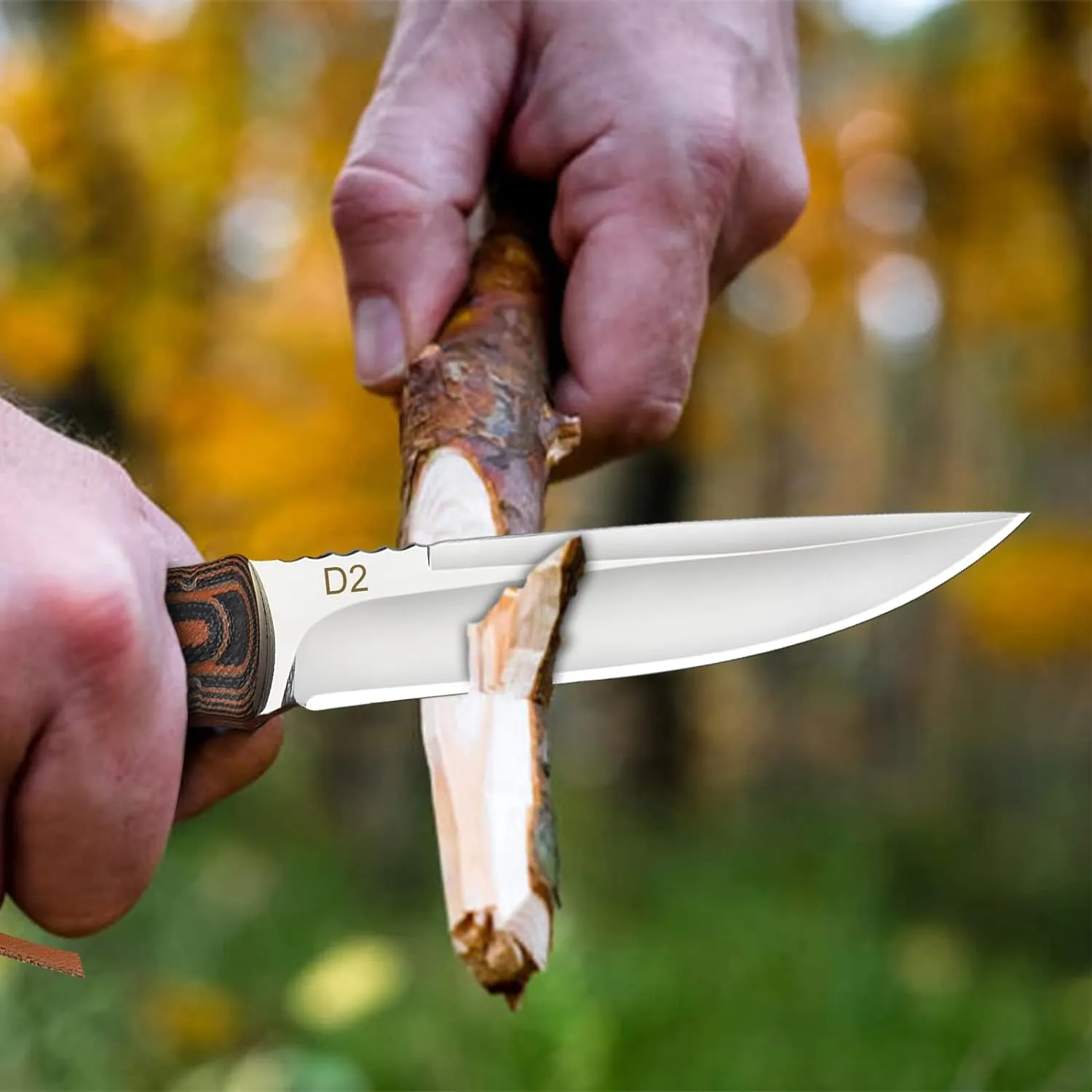AUBEY Fixed Blade Hunting Knife Full Tang with Leather Sheath for Men, D2 Blade Outdoor Survival Camping Knife, G10 Handle