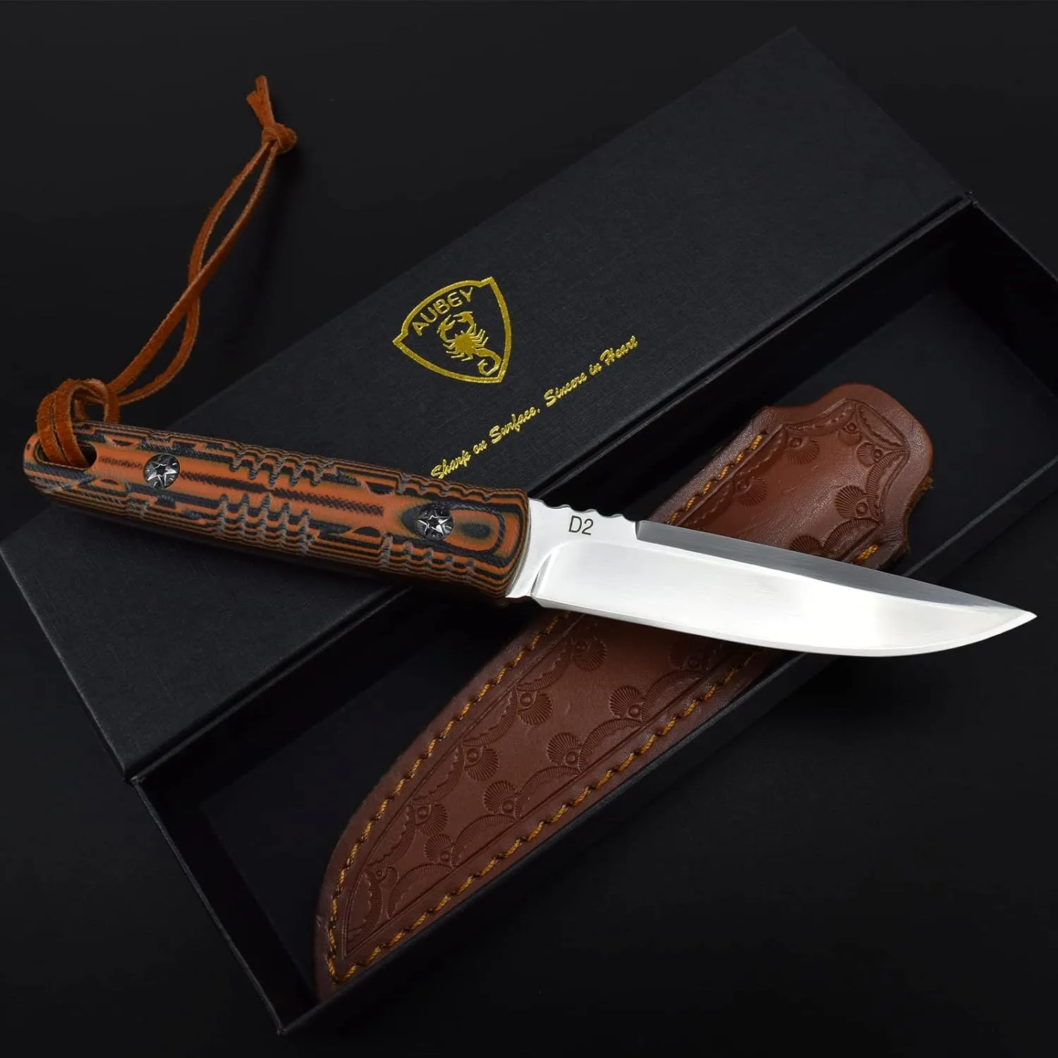 AUBEY Fixed Blade Hunting Knife Full Tang with Leather Sheath for Men, D2 Blade Outdoor Survival Camping Knife, G10 Handle