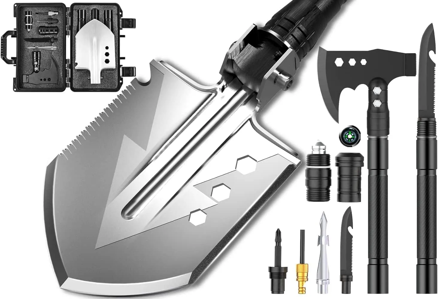 AugTouf Multi-Purpose Survival Shovel, Folding Camping Military Entrenching Tool for Off Road, Digging, Hiking, Car Emergency Multitool with Portable Case