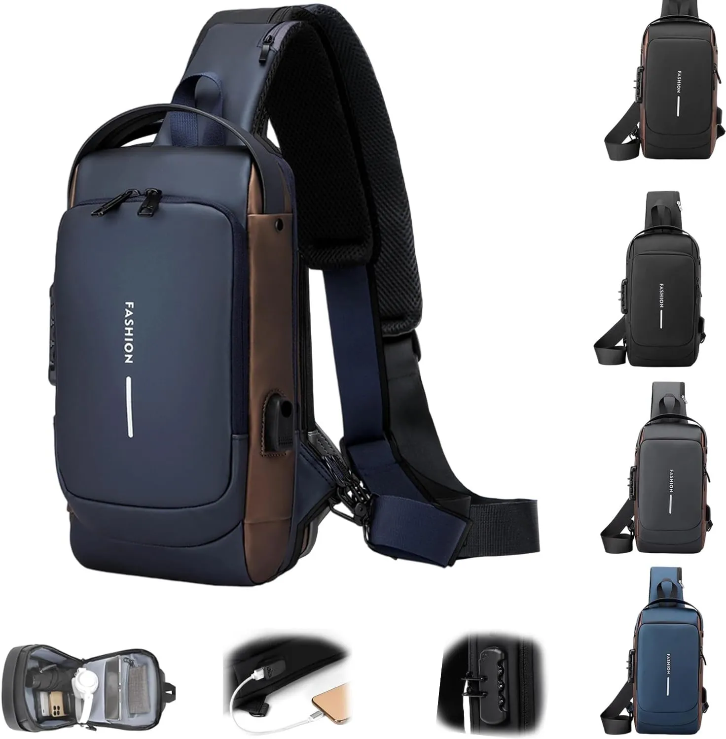Auricz Bag, Auricz Sling Bag, New Carbon Fiber Streamline Anti-theft Sling Bag, Waterproof Usb Charging Sport Shoulder (Blue Brown)
