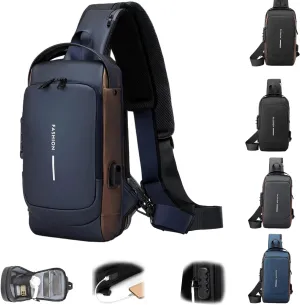 Auricz Bag, Auricz Sling Bag, New Carbon Fiber Streamline Anti-theft Sling Bag, Waterproof Usb Charging Sport Shoulder (Blue Brown)