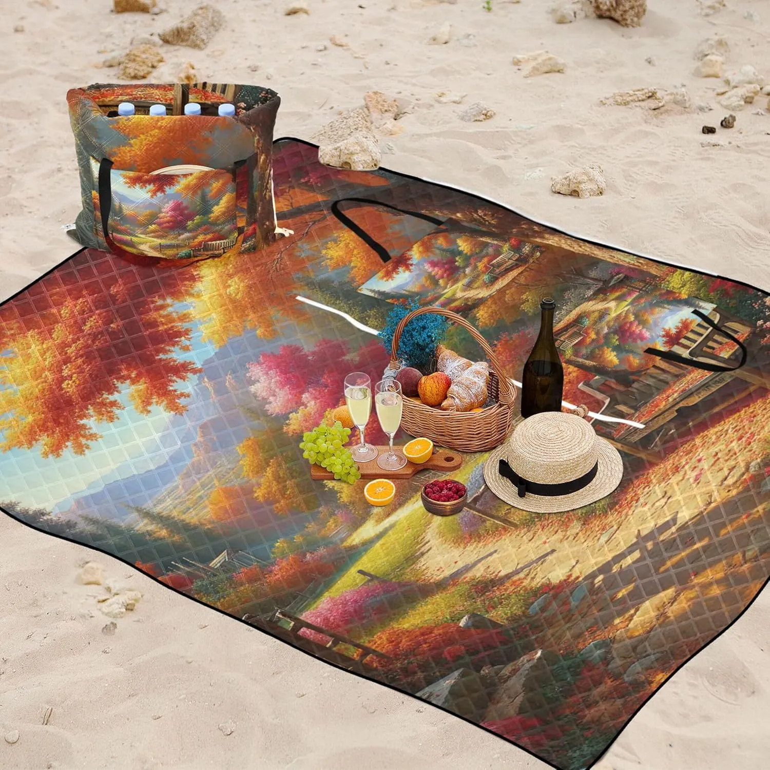 Autumn Forest Floral Beach Blankets Waterproof Sandproof Outdoor Blanket for Grass Picnic Supplies Foldable Mat 80" x 60"