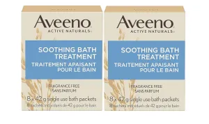 Aveeno Fragrance Free Soothing Bath Treatment, 100% Natural Colloidal Oatmeal, Sensitive Skin Bath Soak for Relief of Dry, Itchy, Irritated Skin Due to Eczema & Hives, Bath Packets, 8 ct. (Pack of 2)