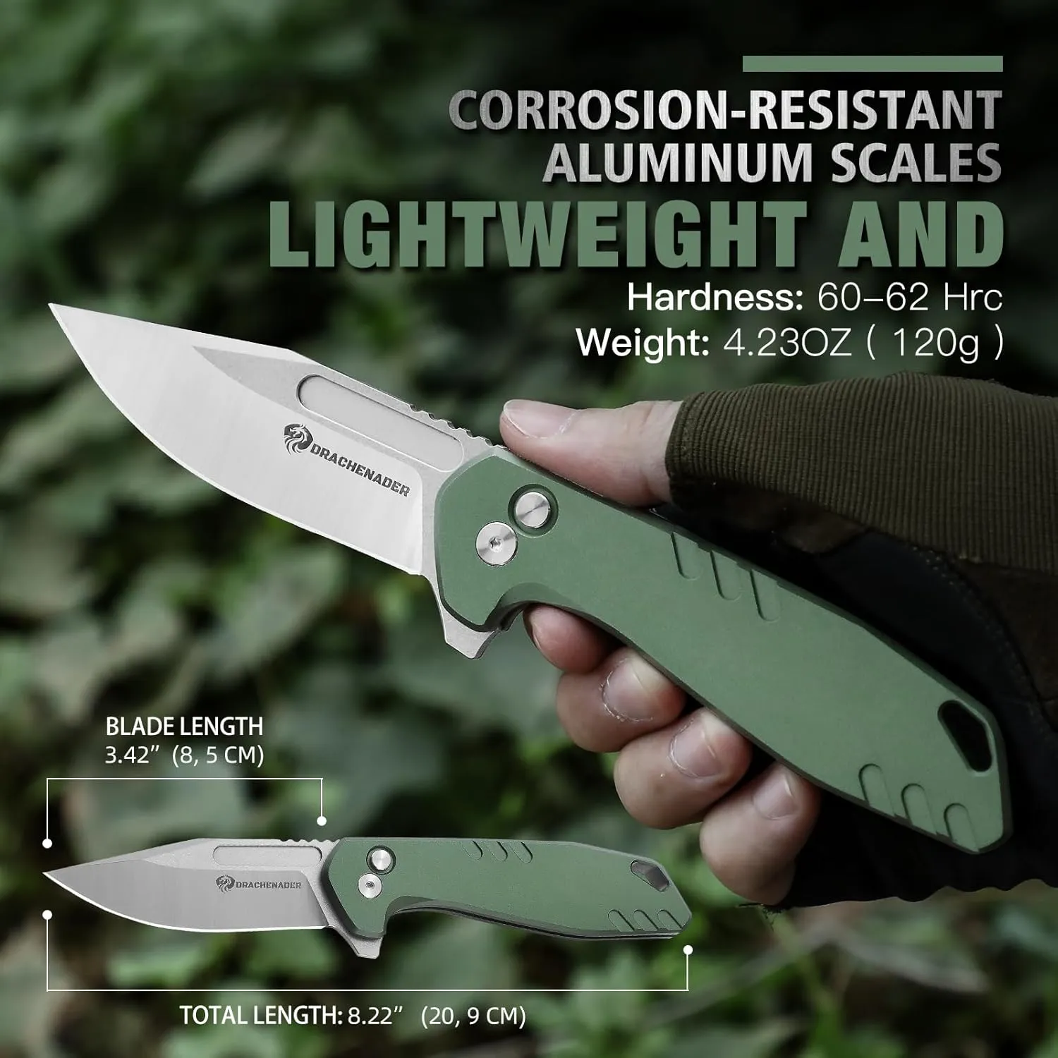 B-FENG 8.22" Button Lock Pocket Knife for Men, 3.42" D2 Blade Folding Knife with Clip and Sheath, EDC Tactical Knife, Gift for Men, Green