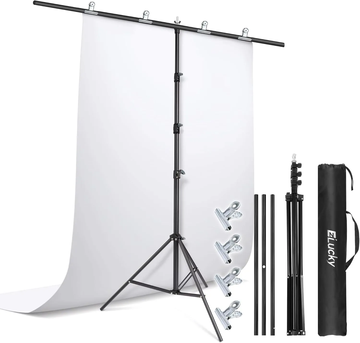 Backdrop Stand for Parties, 6.5X8 ft Heavy Duty T-Shaped Background Stand, Includes 4 Clamps, and Carrying Bag, EZLucky Adjustable Backdrops for Photography, Parties, Photo Booths & Projector Screens