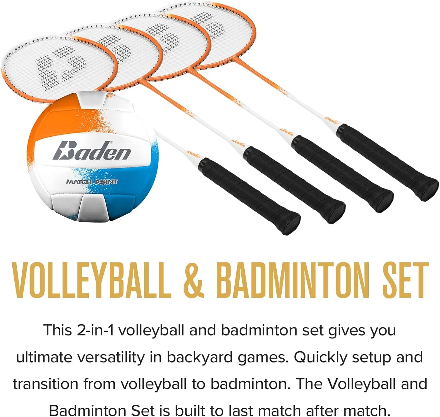Baden Champions Volleyball/Badminton Portable Combo Set, 4 Raquets   3 Birdies   Boundary   Volleyball   Pump   Carry Bag